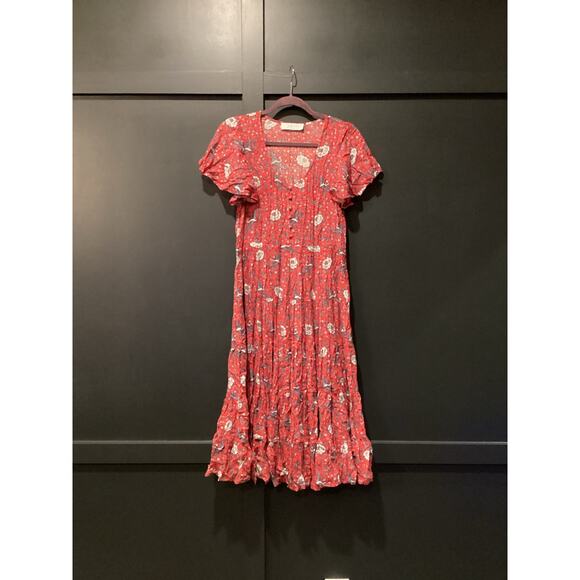 AUGUSTE Valentina Fiesta Day Dress Off Red Metallic Cranes short sleeve midi 2 - Picture 2 of 10